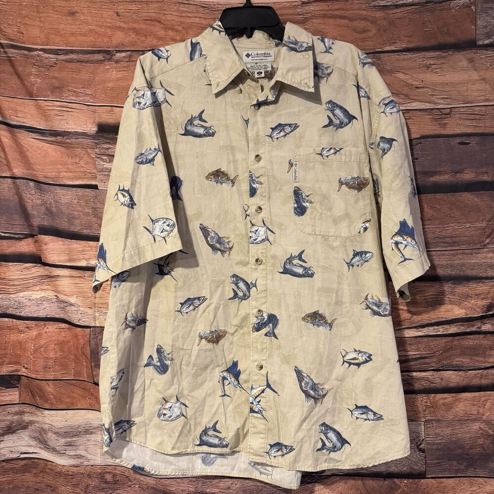Vintage Columbia Fish Print Shirt Mens XL Tan Short Sleeve 100% Cotton Fishing
